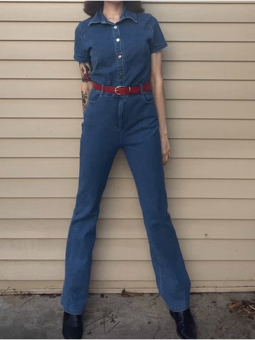 Short-Sleeve Denim Jumpsuit